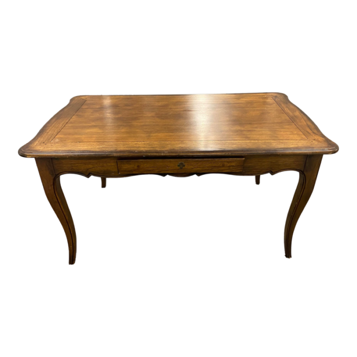 mid 20th century hekman country french provincial dining table with drawer and scalloped apron 0030