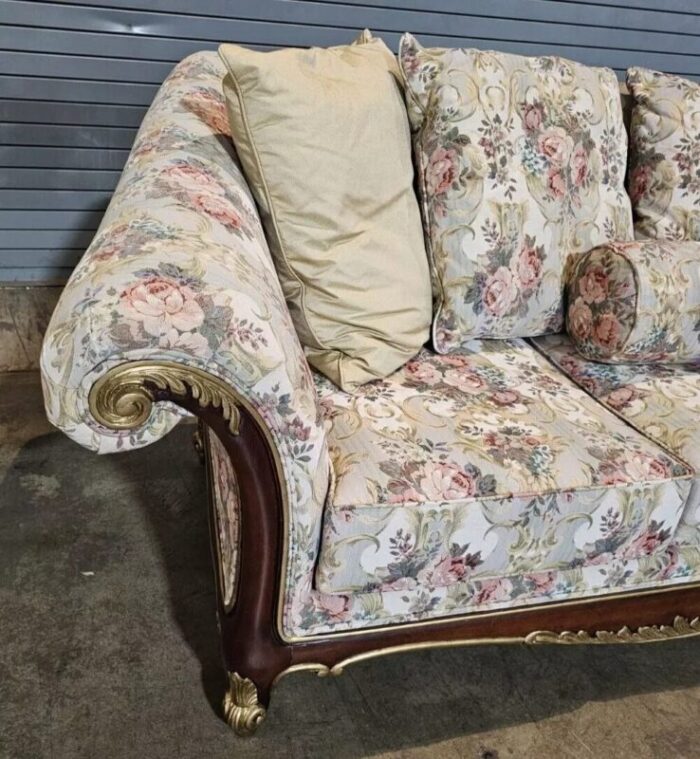 mid 20th century henredon mahogany and gilt carved frame three cushion sofa with rolled arms 3050