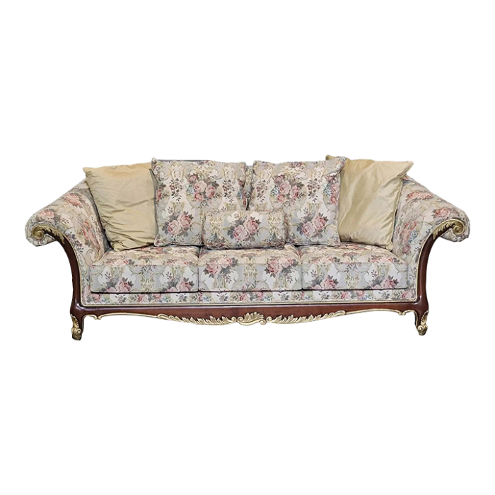 mid 20th century henredon mahogany and gilt carved frame three cushion sofa with rolled arms 4255