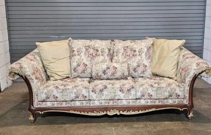 mid 20th century henredon mahogany and gilt carved frame three cushion sofa with rolled arms 4263