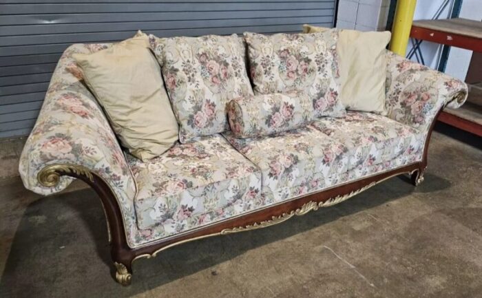 mid 20th century henredon mahogany and gilt carved frame three cushion sofa with rolled arms 6972