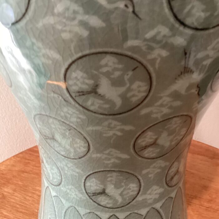 mid 20th century korean meiping porcelain celadon crackle glazed flying granes and clouds pattern inlay design prunus vase 0520