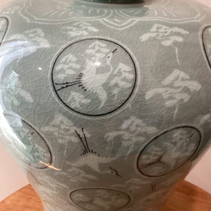 mid 20th century korean meiping porcelain celadon crackle glazed flying granes and clouds pattern inlay design prunus vase 0682