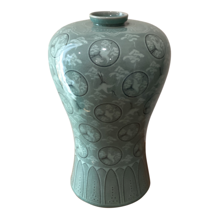 mid 20th century korean meiping porcelain celadon crackle glazed flying granes and clouds pattern inlay design prunus vase 2065