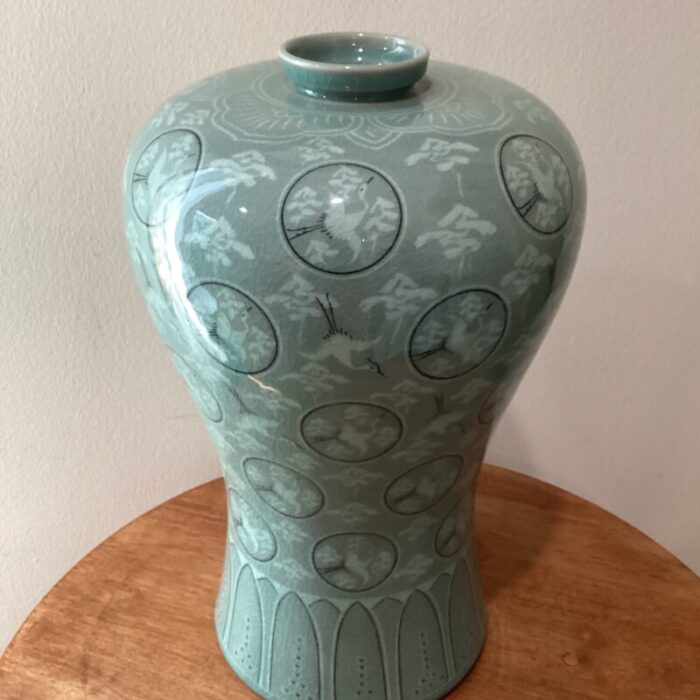 mid 20th century korean meiping porcelain celadon crackle glazed flying granes and clouds pattern inlay design prunus vase 3600