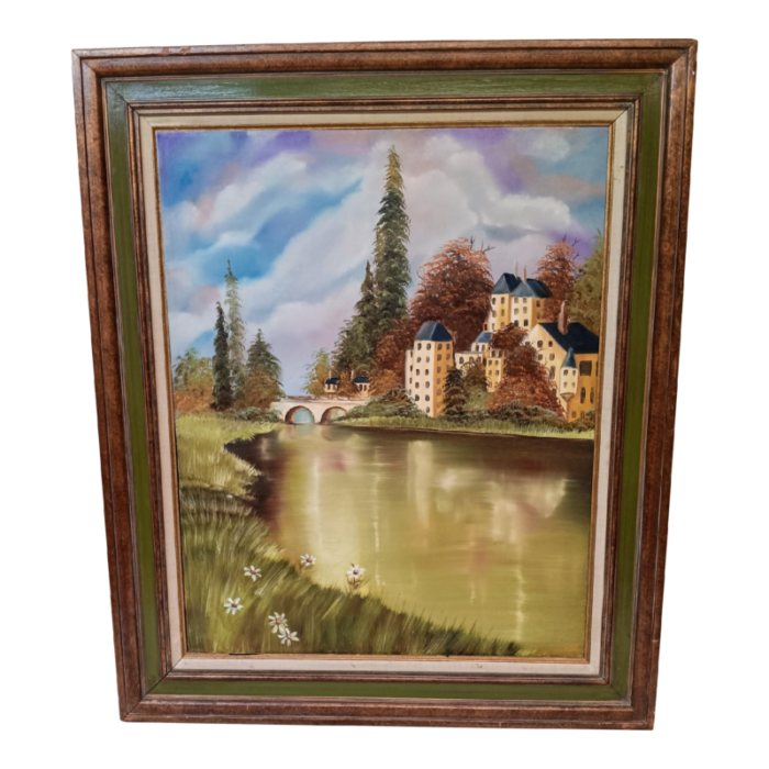 mid 20th century large vintage oil on canvas painting of a european castle on a lake framed 5833