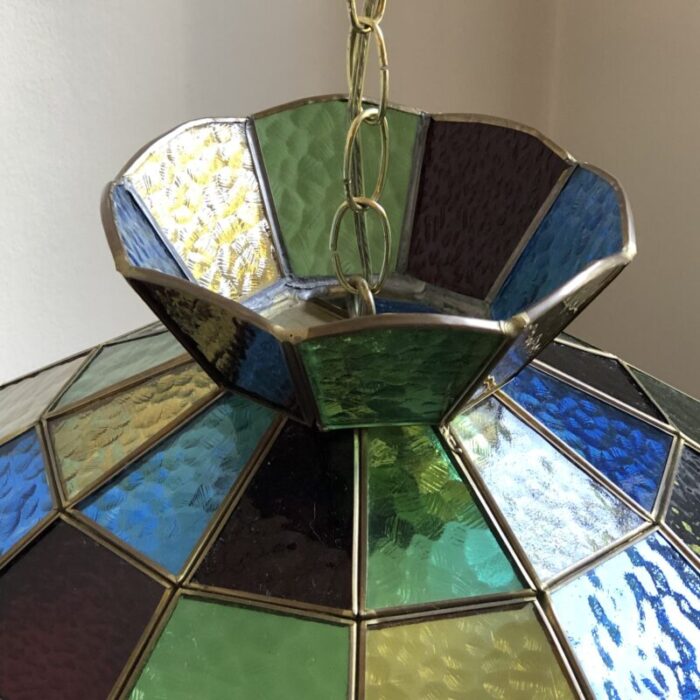 mid 20th century multicolored stained glass swag pendant light 3938