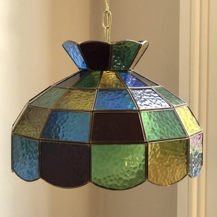 mid 20th century multicolored stained glass swag pendant light 5368