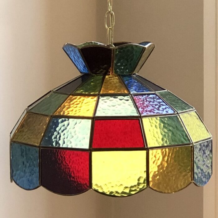 mid 20th century multicolored stained glass swag pendant light 7198