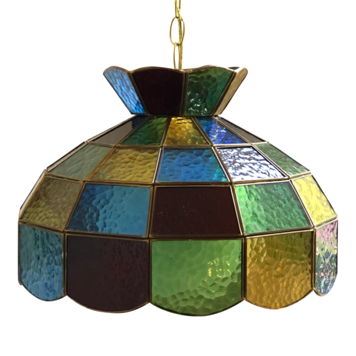 mid 20th century multicolored stained glass swag pendant light 7906