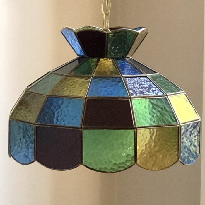 mid 20th century multicolored stained glass swag pendant light 8560