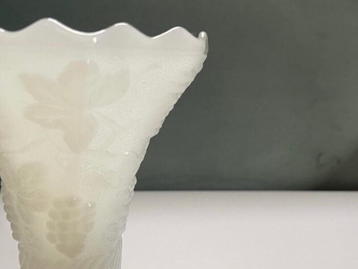 mid 20th century vineyard patterned milk glass vase 9409