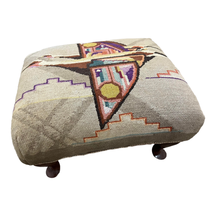 mid 20th century vintage navajo style pattern needlepoint cross stitch footstool 1221