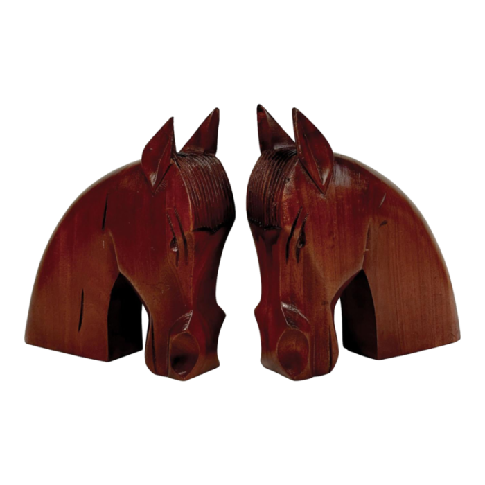 mid century art deco teak carved horse library bookends a pair 0216