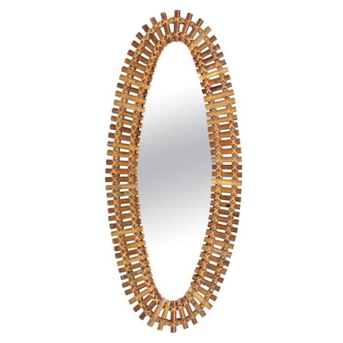 mid century bamboo and rattan oval wall mirror italy 1960s 1