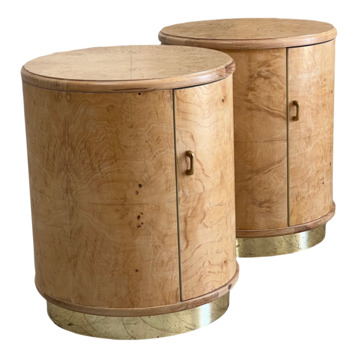 mid century blonde burlwood and brass drum side tables a pair 7514