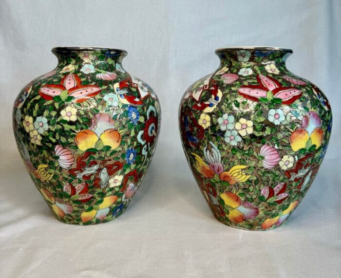 mid century chinoiserie ceramic glazed multi colored silver base ginger jars set of 2 0726