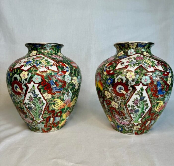 mid century chinoiserie ceramic glazed multi colored silver base ginger jars set of 2 4523