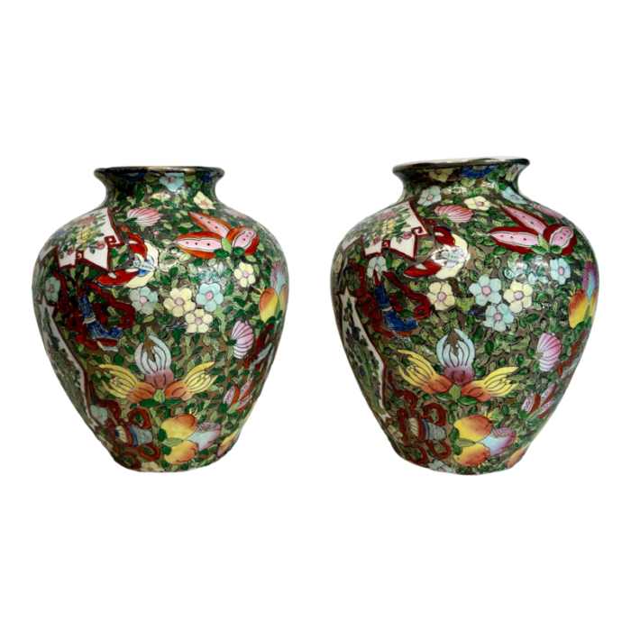 mid century chinoiserie ceramic glazed multi colored silver base ginger jars set of 2 7808