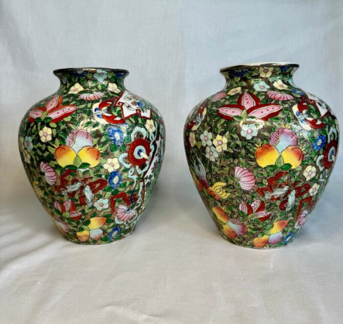 mid century chinoiserie ceramic glazed multi colored silver base ginger jars set of 2 9444