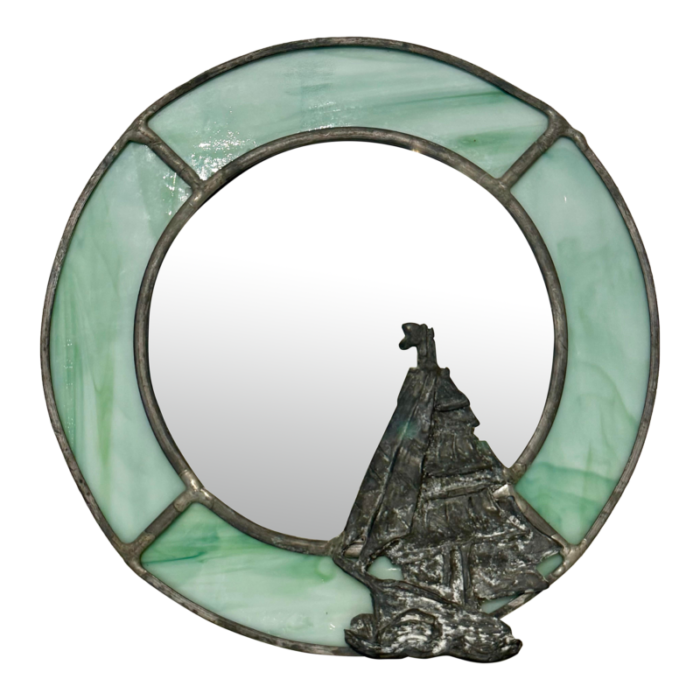 mid century coastal stained glass and ship accent mirror mint green and pewter finish 9390