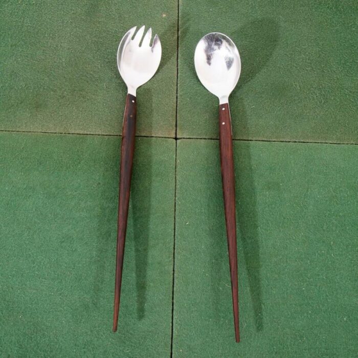 mid century danish modern serving utensils pair rosewood steel spoon and fork set 0194