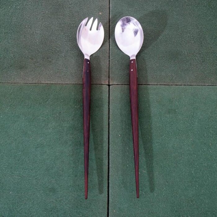 mid century danish modern serving utensils pair rosewood steel spoon and fork set 0649