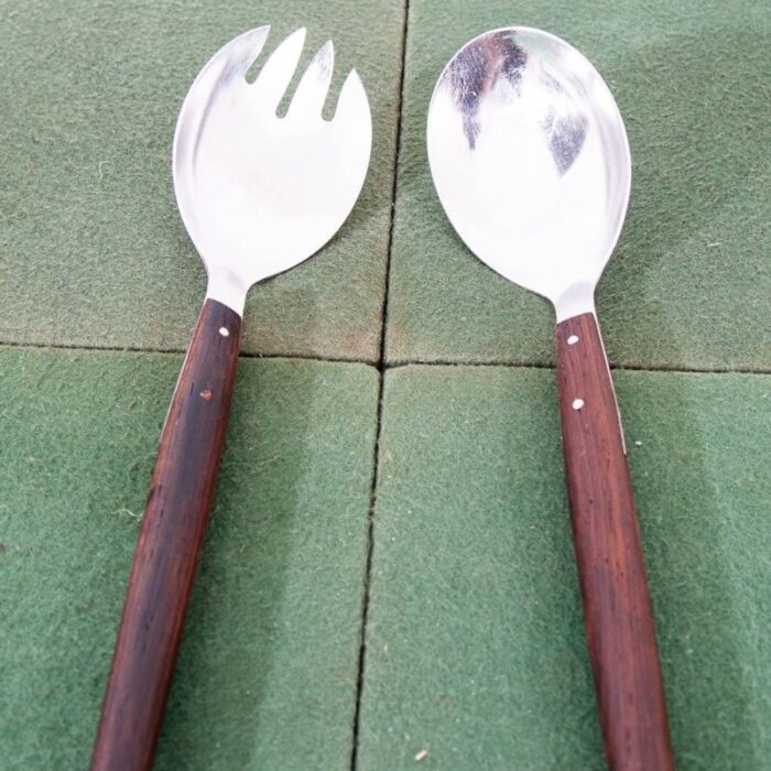 mid century danish modern serving utensils pair rosewood steel spoon and fork set 7957