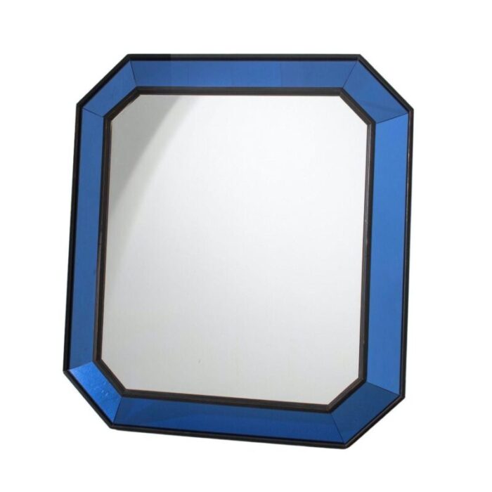 mid century italian cushion mirror in blue glass frame 1