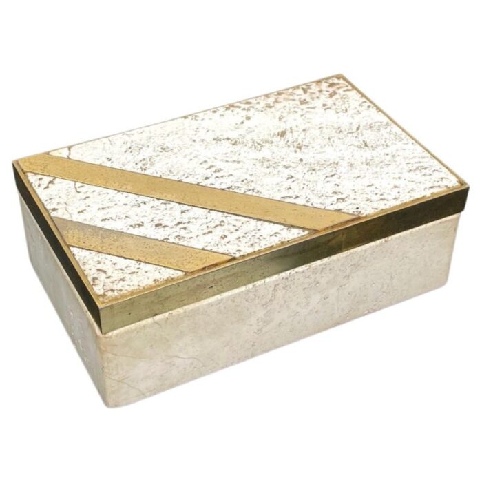 mid century italian rectangular box in travertine and brass 1970s 1