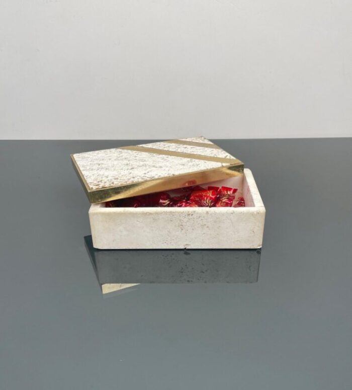 mid century italian rectangular box in travertine and brass 1970s 6