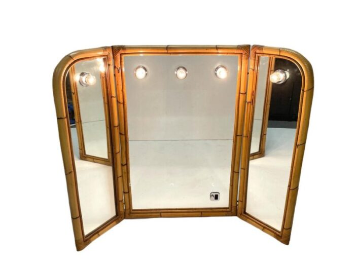 mid century italian triple folding bamboo mirror with dimmable lighting 1970s 12