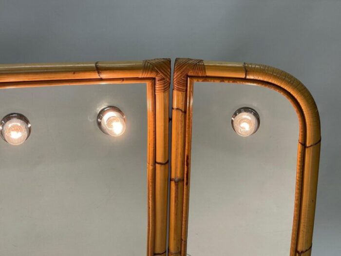 mid century italian triple folding bamboo mirror with dimmable lighting 1970s 19