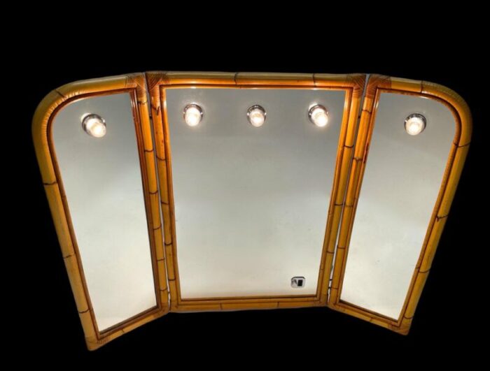 mid century italian triple folding bamboo mirror with dimmable lighting 1970s 4