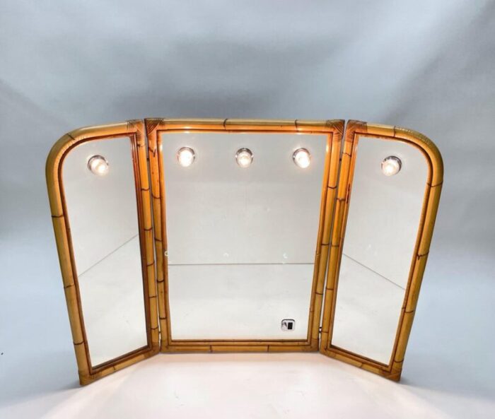 mid century italian triple folding bamboo mirror with dimmable lighting 1970s 5