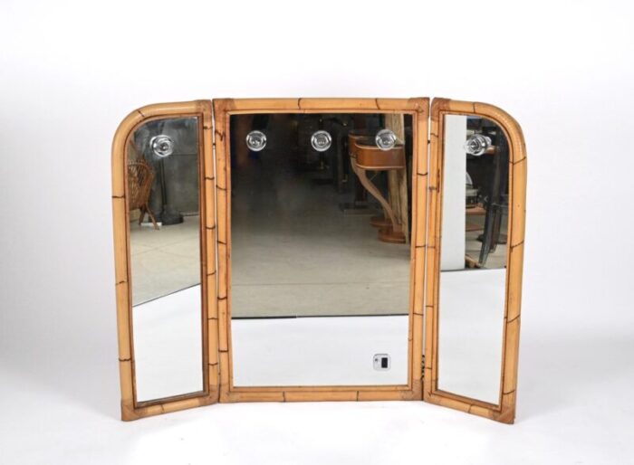 mid century italian triple folding bamboo mirror with dimmable lighting 1970s 6