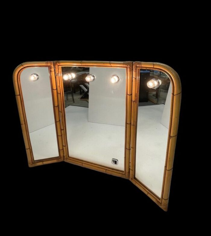 mid century italian triple folding bamboo mirror with dimmable lighting 1970s 7