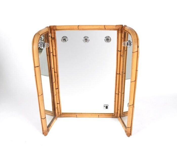 mid century italian triple folding bamboo mirror with dimmable lighting 1970s 9