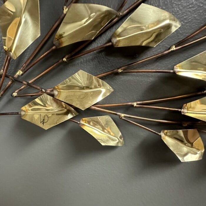 mid century large brass and copper leaves branch wall sculpture 0305