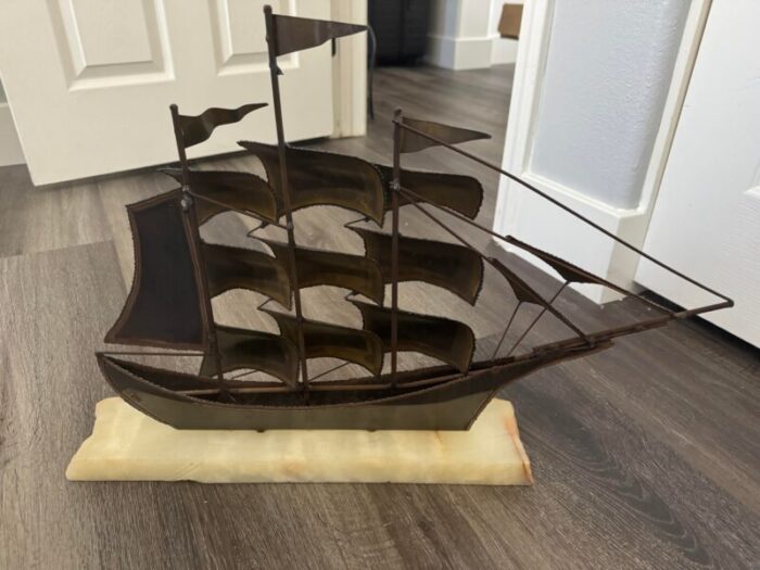 mid century modern metal and stone boat sculpture 5736