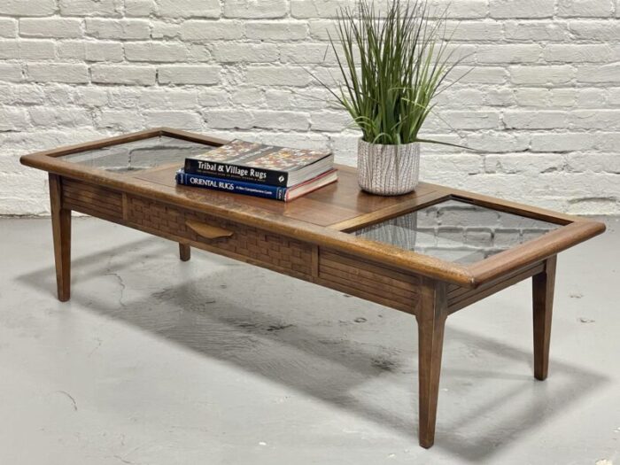 mid century modern walnut smoked glass coffee table by lane furniture 0894