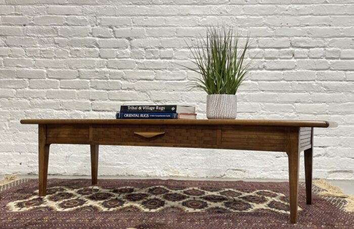 mid century modern walnut smoked glass coffee table by lane furniture 1844