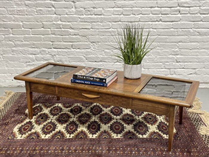 mid century modern walnut smoked glass coffee table by lane furniture 6125