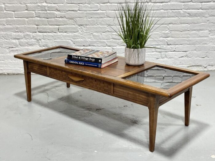 mid century modern walnut smoked glass coffee table by lane furniture 6899