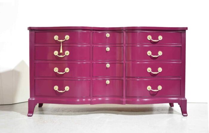 mid century serpentine front dresser by thomasville in purple newly painted 1002