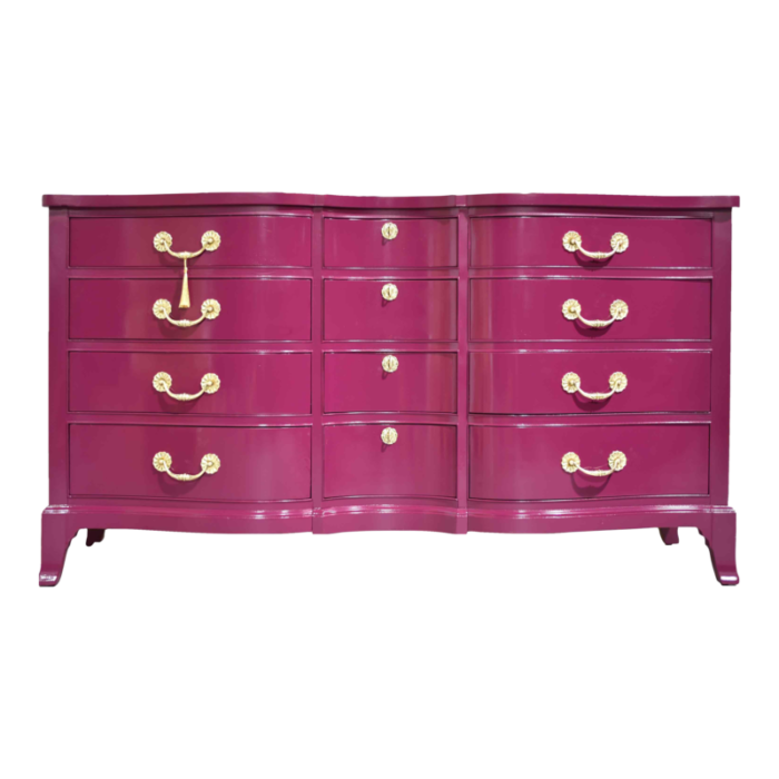 mid century serpentine front dresser by thomasville in purple newly painted 5160