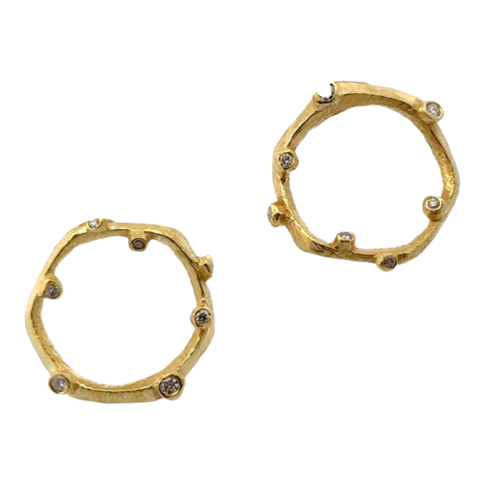 modern diamond 18 karat yellow gold textured open circle earrings 2 pieces 7309