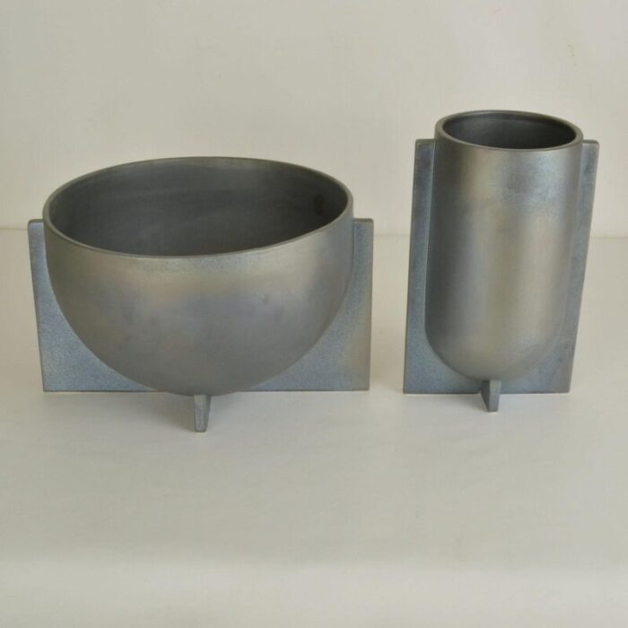 modern sculptural ceramic vases in metallic grey glaze 2010s 2