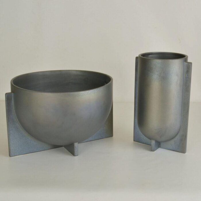 modern sculptural ceramic vases in metallic grey glaze 2010s 7