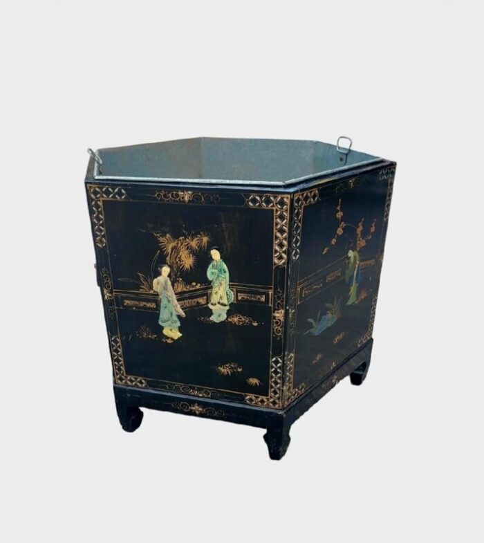 monumental vintage chinoiserie hexagon asian black lacquered ming mother of pearl pagoda planter pot 0065